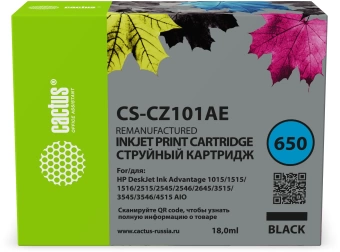 Картридж струйный Cactus CS-CZ101AE № 650 черный (18мл) для HP 1015/1515/1516/2515/2545/2546/2645/3515/3545/3546/4515