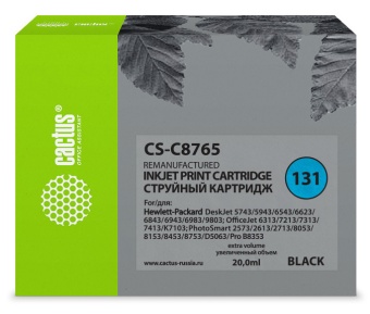 Картридж струйный Cactus CS-C8765 №131 черный (20мл) для HP DJ 5743/5943/6543/6623/6843/6943/6983/9803/7213/7313/7413/K7103/PS 2573/2613/2713/8053/8153/8453/8753/D5063/Pro B8353